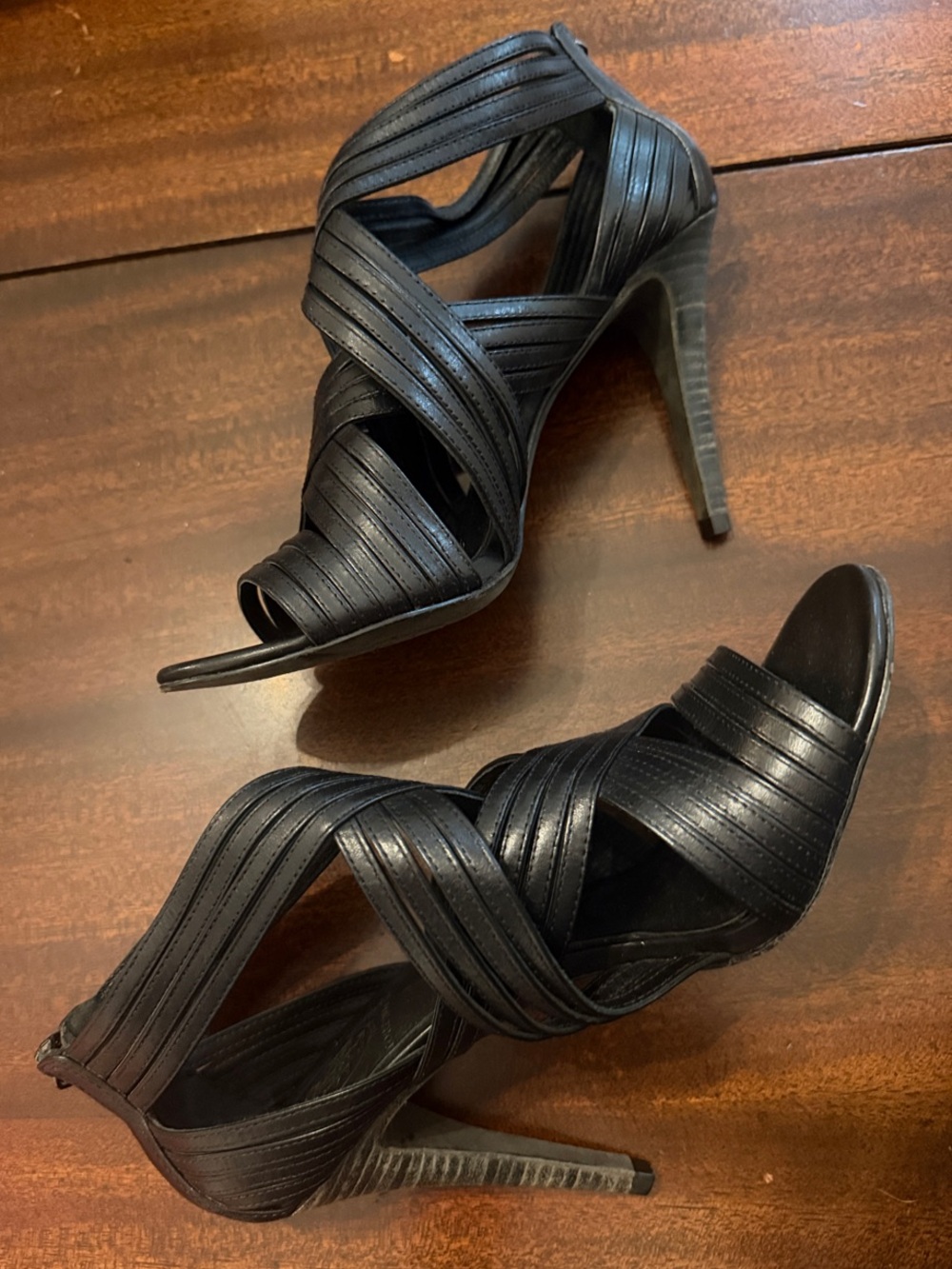 Tory Burch Black Leather Caged "Liv" Strappy Stiletto Heels Back Zip